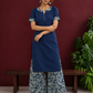Navy Blue Cotton Kurta with Floral Printed Neckline and Sleeve Cuffs — front view