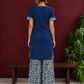 Navy Blue Cotton Kurta with Floral Printed Neckline and Sleeve Cuffs — back view