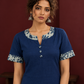 Navy Blue Cotton Kurta with Floral Printed Neckline and Sleeve Cuffs — fabric detail