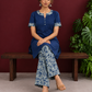 Navy Blue Cotton Kurta with Floral Printed Neckline and Sleeve Cuffs — seated