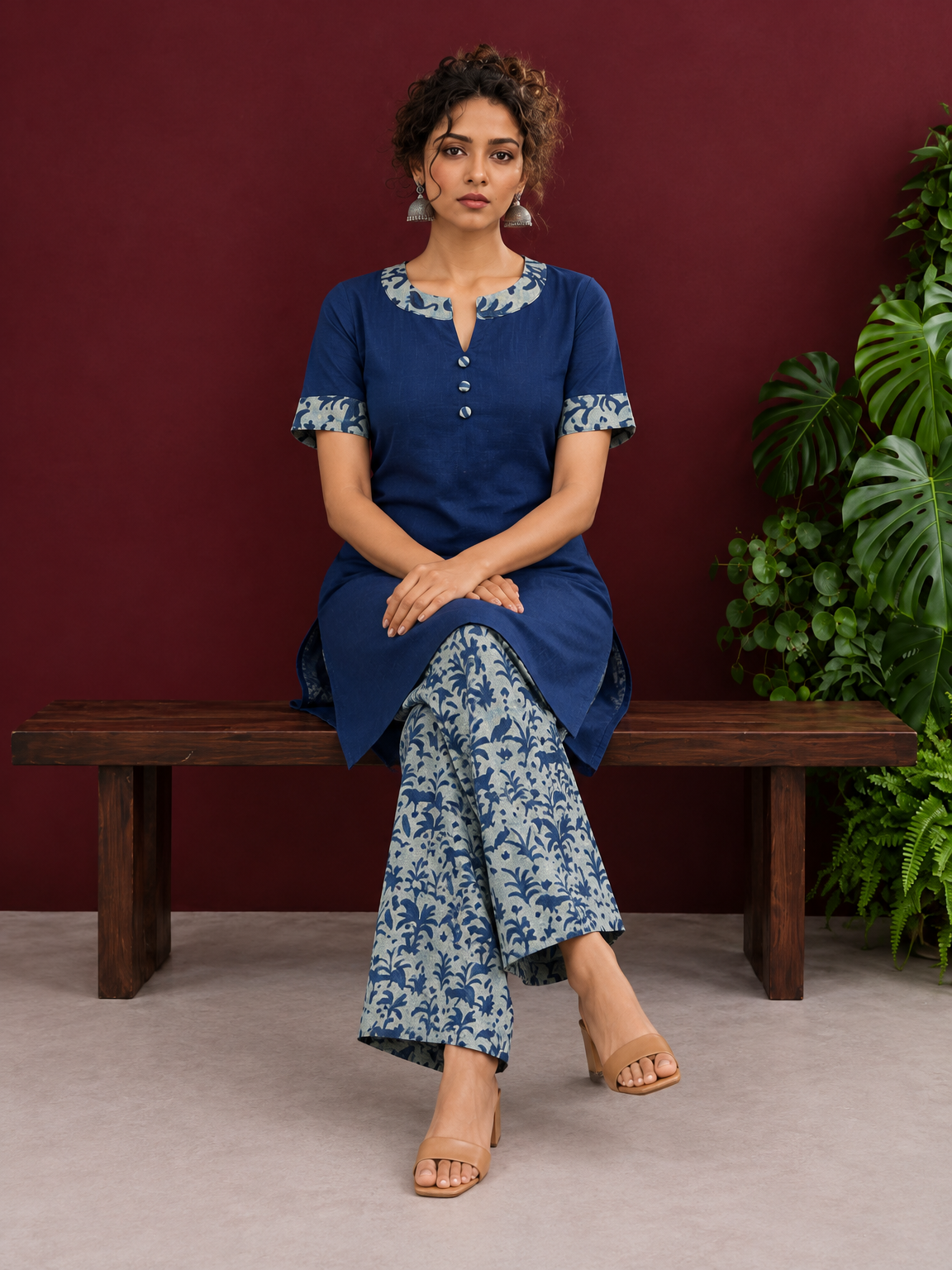 Navy Blue Cotton Kurta with Floral Printed Neckline and Sleeve Cuffs — seated