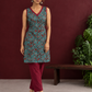 Teal Green Cotton Sleeveless Tunic with Floral Print, Maroon V-Neck Trim & Side Tie-Up Knots — front view