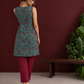 Teal Green Cotton Sleeveless Tunic with Floral Print, Maroon V-Neck Trim & Side Tie-Up Knots — back view