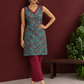 Teal Green Cotton Sleeveless Tunic with Floral Print, Maroon V-Neck Trim & Side Tie-Up Knots — side view