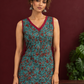 Teal Green Cotton Sleeveless Tunic with Floral Print, Maroon V-Neck Trim & Side Tie-Up Knots — styled view