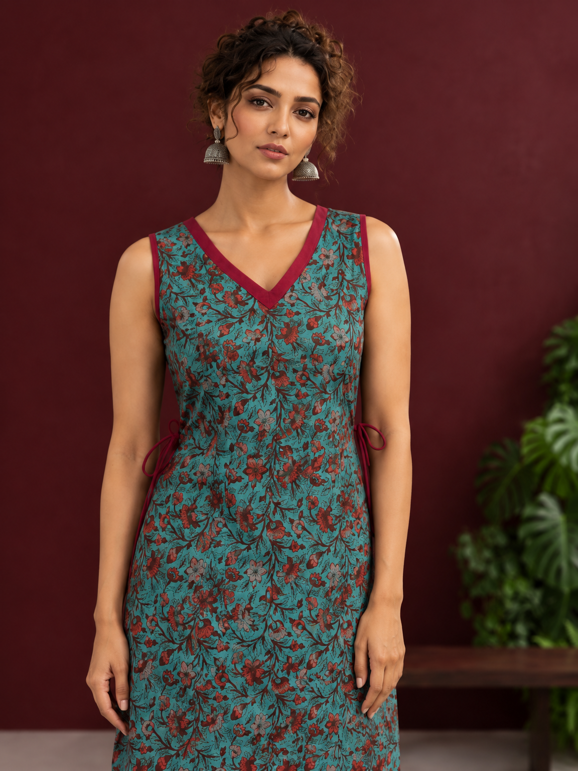 Teal Green Cotton Sleeveless Tunic with Floral Print, Maroon V-Neck Trim & Side Tie-Up Knots — styled view