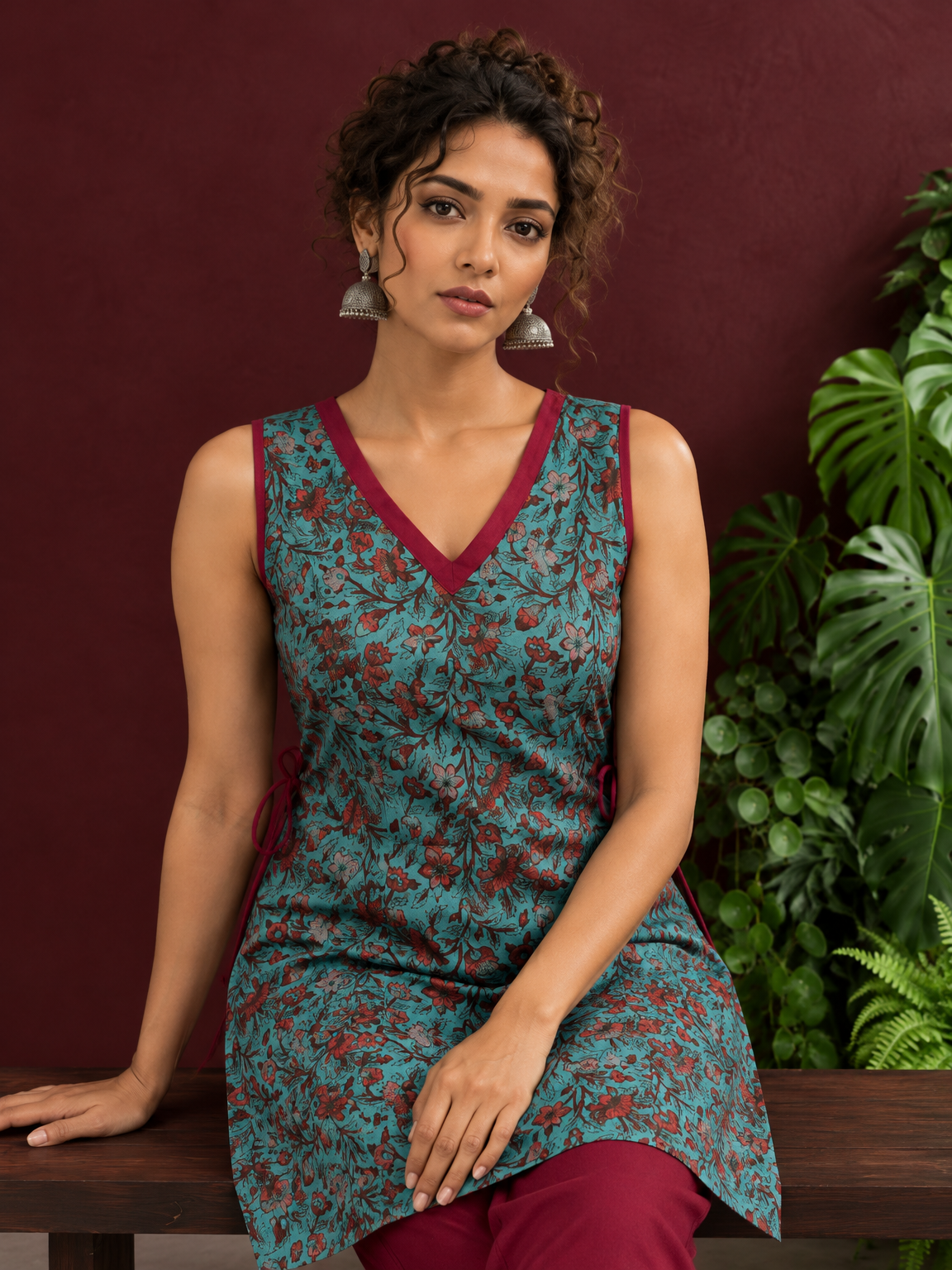 Teal Green Cotton Sleeveless Tunic with Floral Print, Maroon V-Neck Trim & Side Tie-Up Knots — seated detail