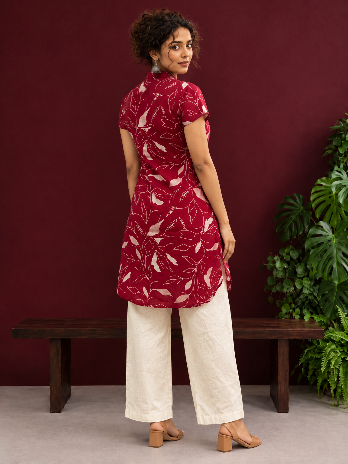 Elegant Maroon Cotton Tunic with White Leaf Print — back view