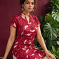 Elegant Maroon Cotton Tunic with White Leaf Print — seated detail