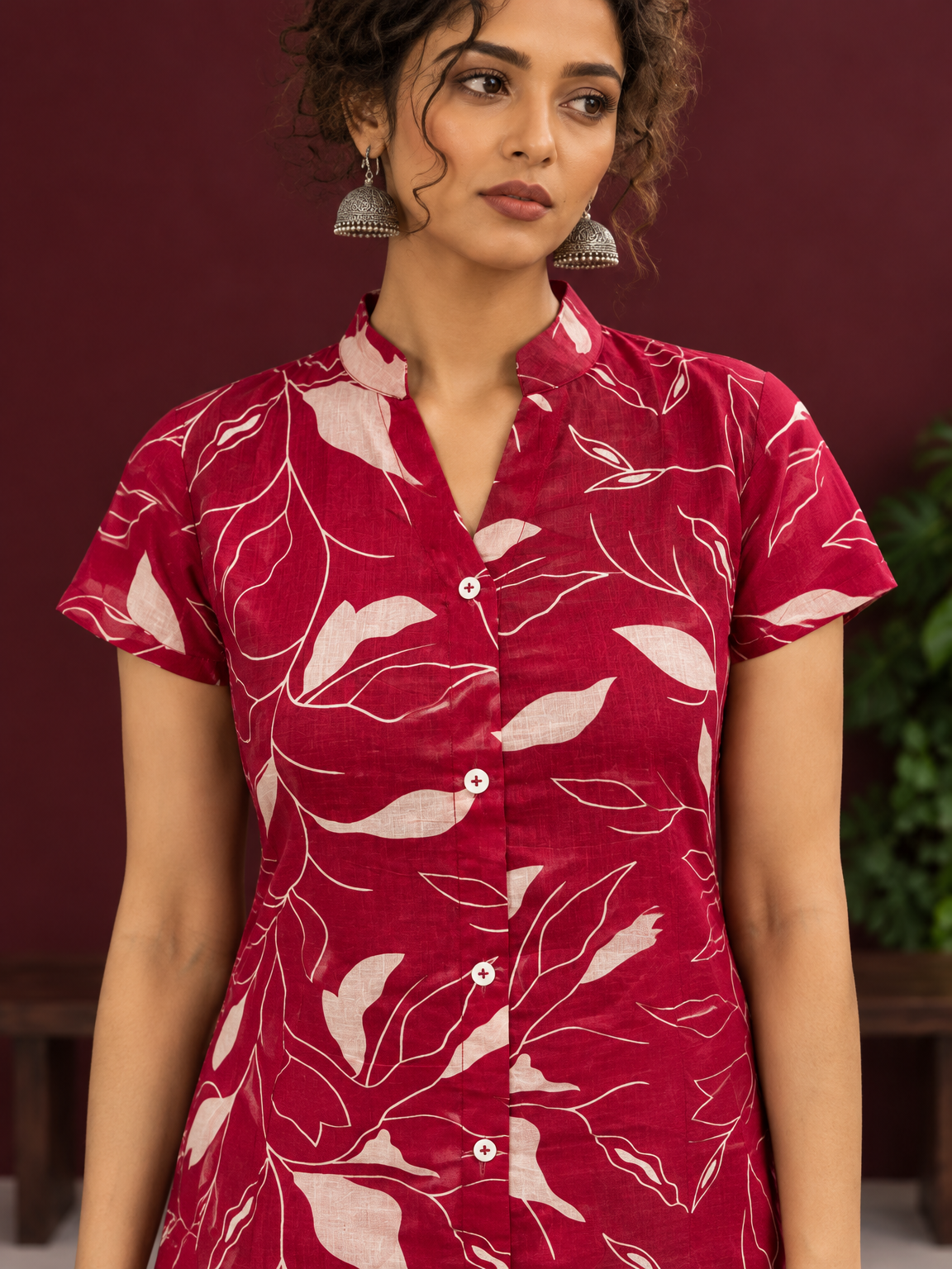 Elegant Maroon Cotton Tunic with White Leaf Print — fabric detail