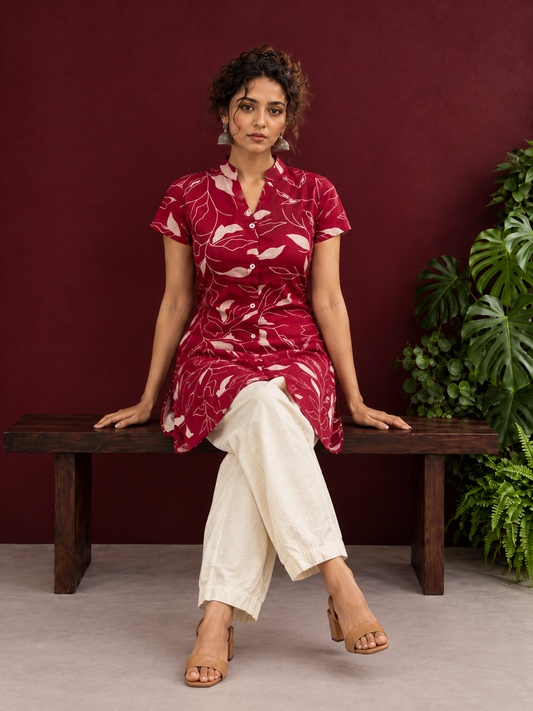 Elegant Maroon Cotton Tunic with White Leaf Print — seated