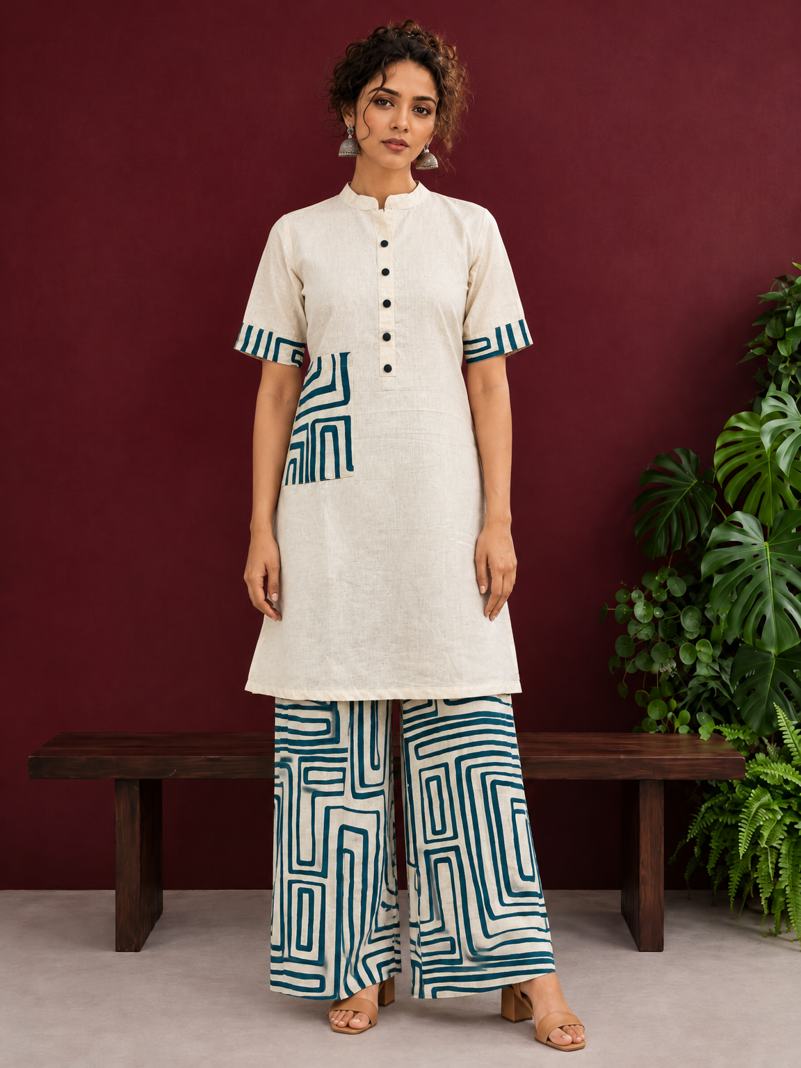 Classic Off-White Cotton Kurta with Contrast Geometric Print Pocket & Coordinated Sleeve Cuffs — front view
