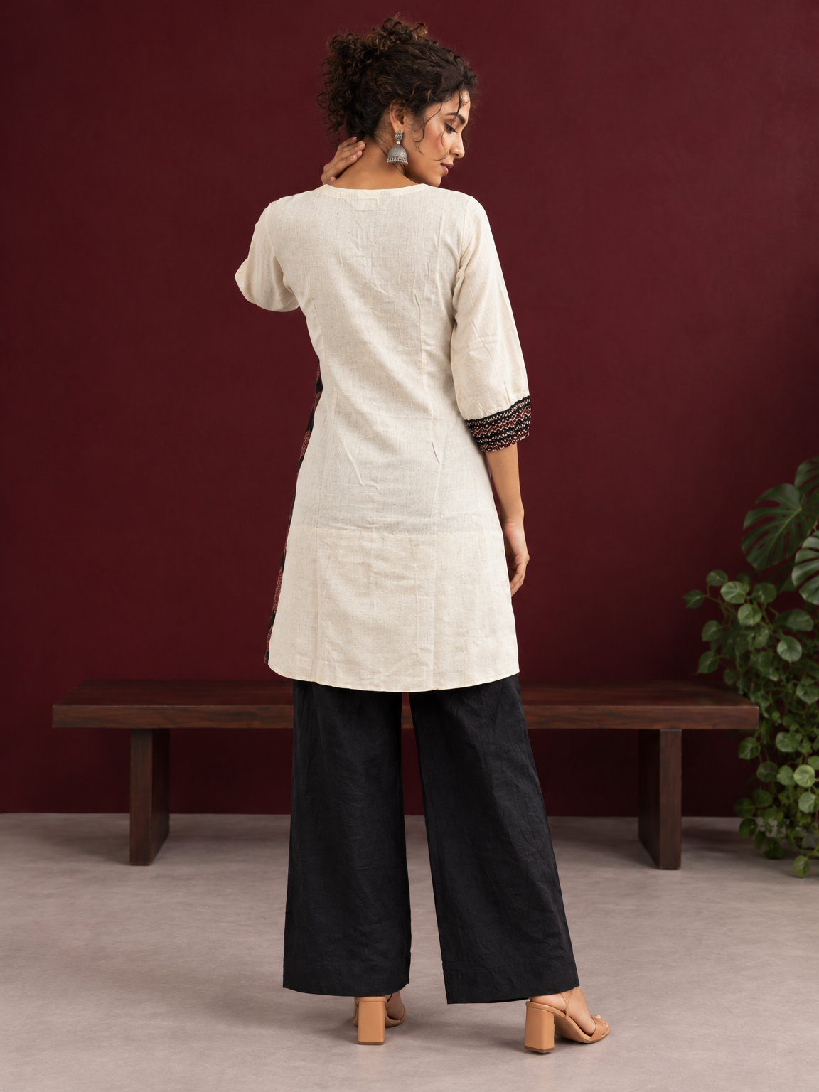 Timeless Off-White Cotton Tunic with Contrast Ajrakh Printed Leaf Panel & Coordinated Zigzag Sleeve Cuffs — back view