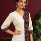Timeless Off-White Cotton Tunic with Contrast Ajrakh Printed Leaf Panel & Coordinated Zigzag Sleeve Cuffs — styled view