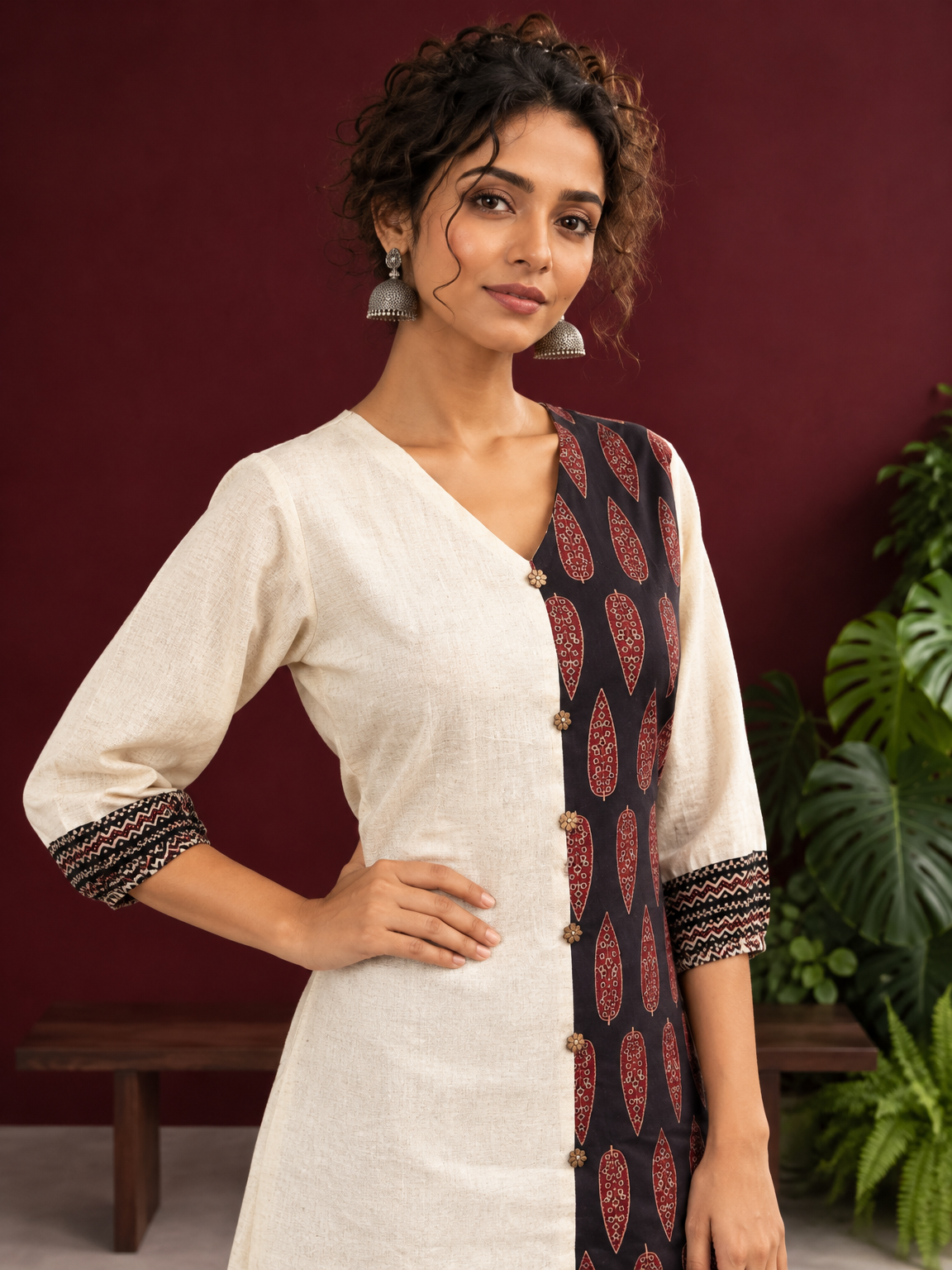 Timeless Off-White Cotton Tunic with Contrast Ajrakh Printed Leaf Panel & Coordinated Zigzag Sleeve Cuffs — styled view