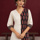 Timeless Off-White Cotton Tunic with Contrast Ajrakh Printed Leaf Panel & Coordinated Zigzag Sleeve Cuffs — fabric detail