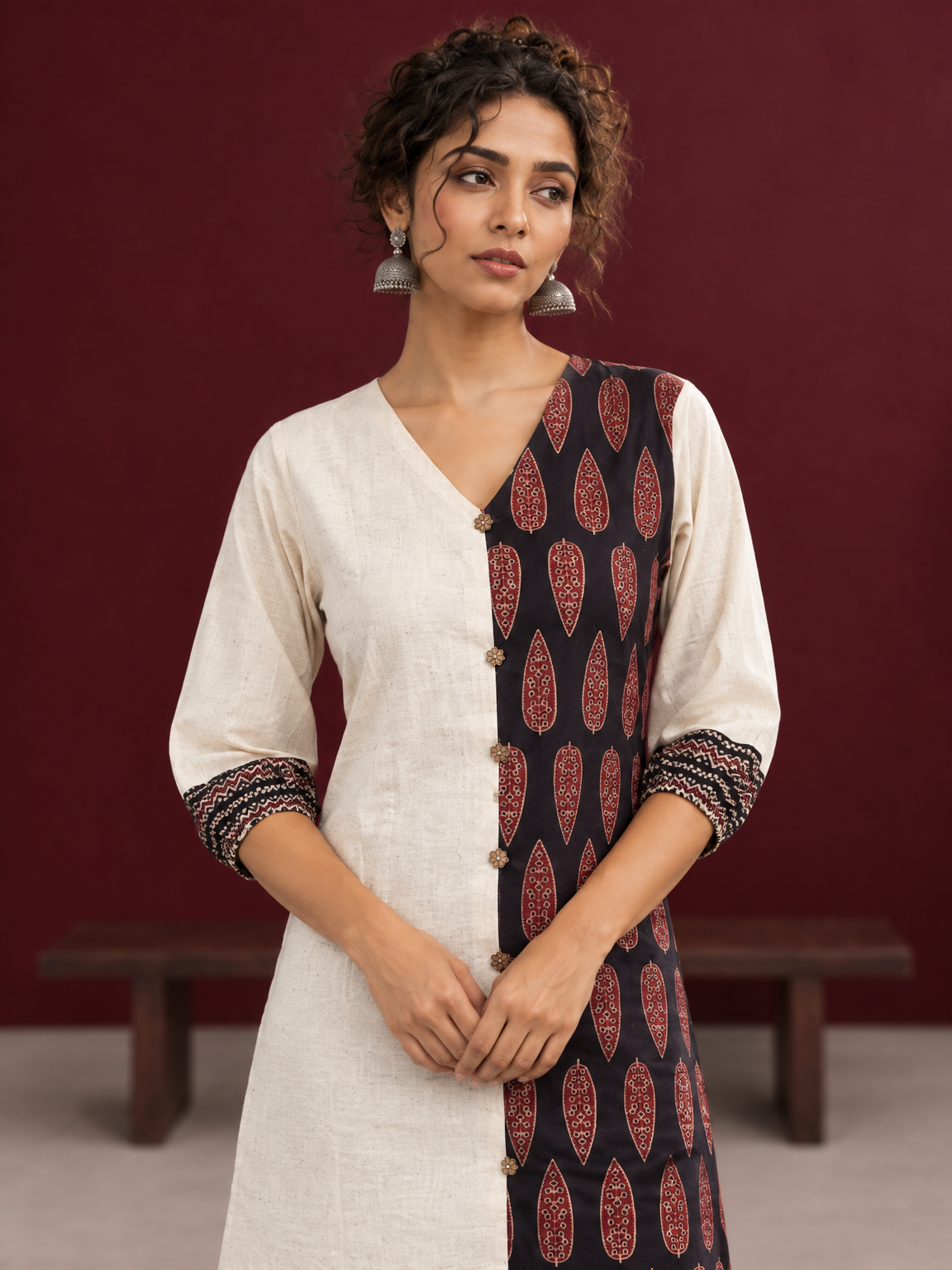 Timeless Off-White Cotton Tunic with Contrast Ajrakh Printed Leaf Panel & Coordinated Zigzag Sleeve Cuffs — fabric detail