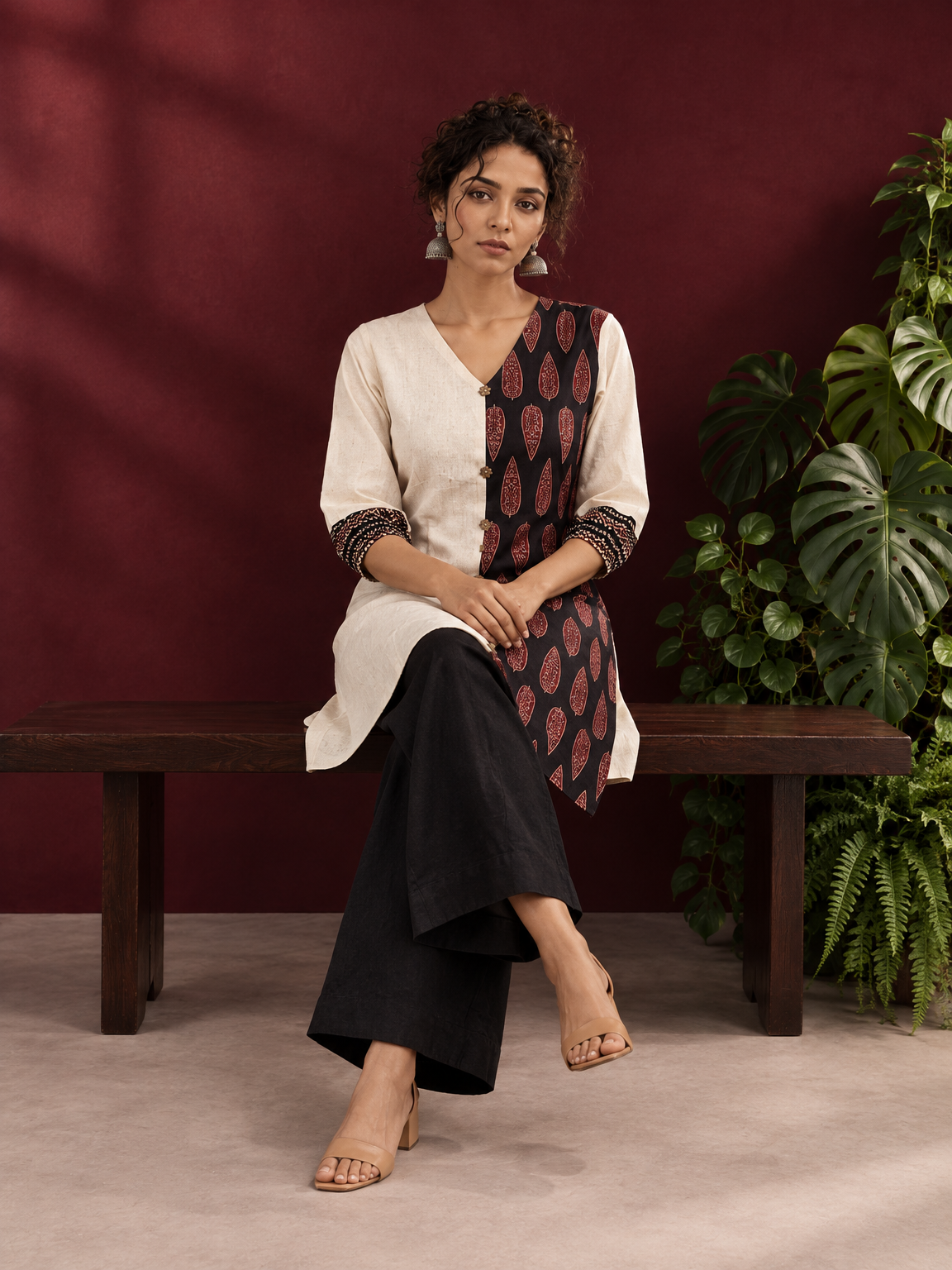 Timeless Off-White Cotton Tunic with Contrast Ajrakh Printed Leaf Panel & Coordinated Zigzag Sleeve Cuffs — seated