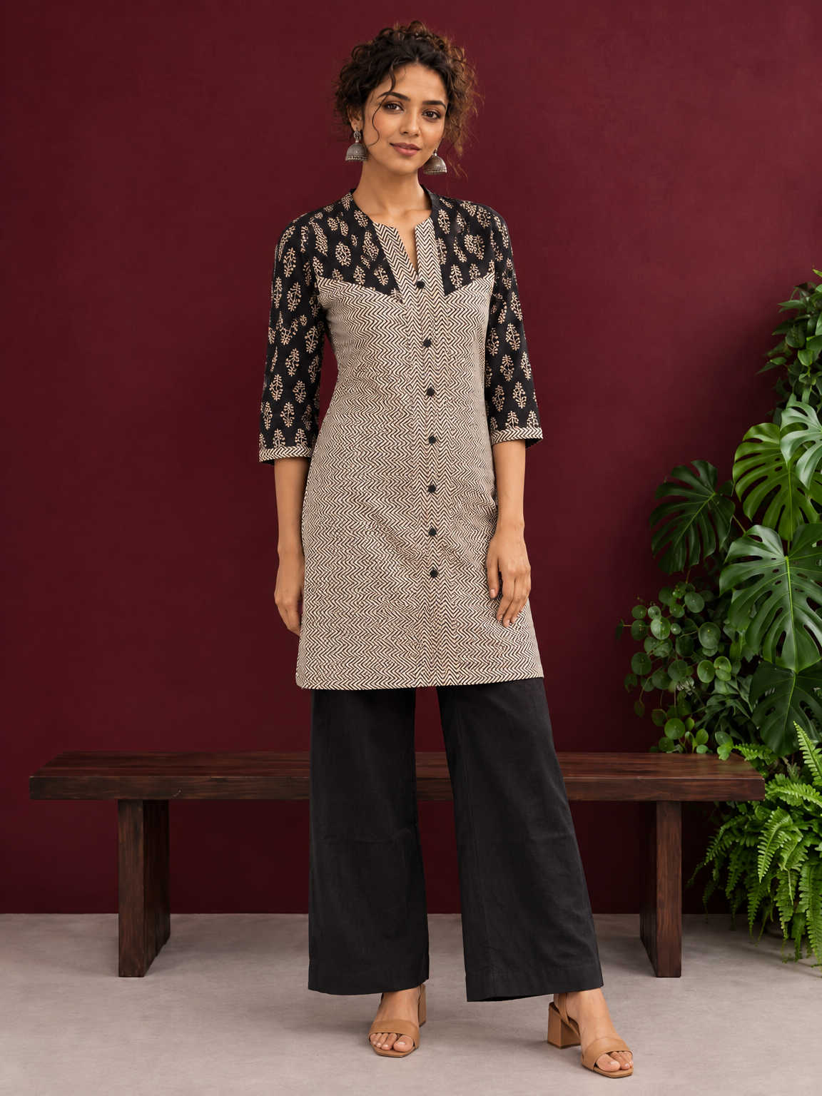 Elegant Black & Beige Cotton Tunic with Chevron Print Body and Floral Block Print Yoke & Sleeves — front view