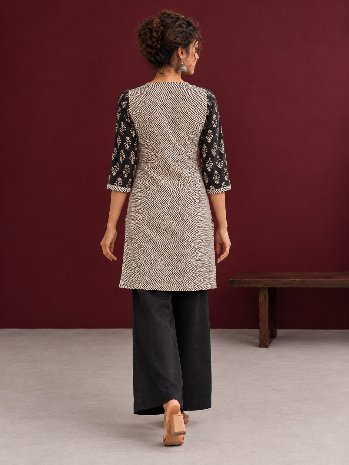 Elegant Black & Beige Cotton Tunic with Chevron Print Body and Floral Block Print Yoke & Sleeves — back view