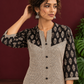 Elegant Black & Beige Cotton Tunic with Chevron Print Body and Floral Block Print Yoke & Sleeves — styled view