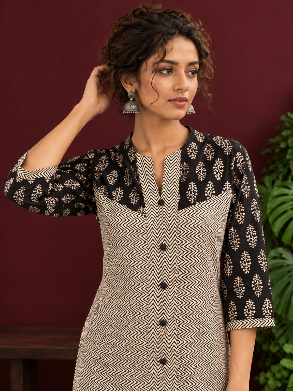Elegant Black & Beige Cotton Tunic with Chevron Print Body and Floral Block Print Yoke & Sleeves — styled view