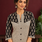 Elegant Black & Beige Cotton Tunic with Chevron Print Body and Floral Block Print Yoke & Sleeves — fabric detail