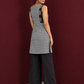 Grey Checked Cotton Kurta with Black Embroidered Fish Motif Shoulder Straps & Side Slits — back view