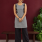 Grey Checked Cotton Kurta with Black Embroidered Fish Motif Shoulder Straps & Side Slits — front view