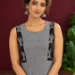 Grey Checked Cotton Kurta with Black Embroidered Fish Motif Shoulder Straps & Side Slits — fabric detail