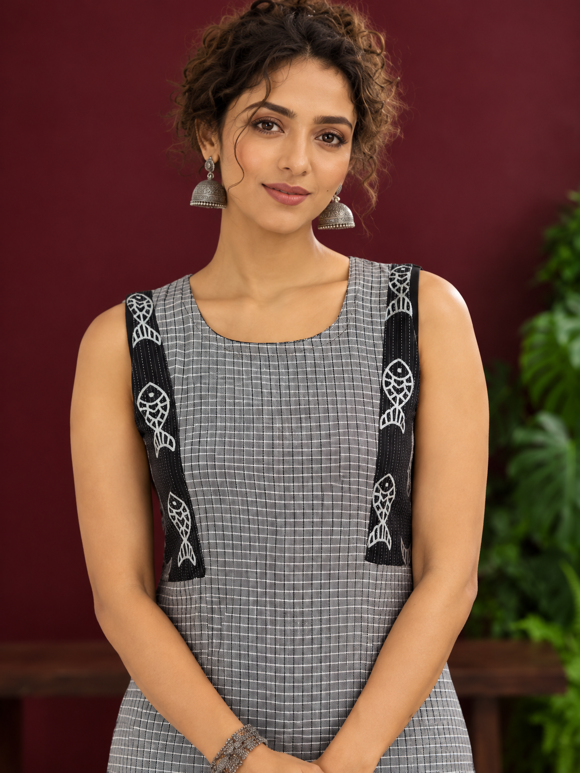 Grey Checked Cotton Kurta with Black Embroidered Fish Motif Shoulder Straps & Side Slits — fabric detail