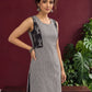Grey Checked Cotton Kurta with Black Embroidered Fish Motif Shoulder Straps & Side Slits — styled view