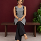 Grey Checked Cotton Kurta with Black Embroidered Fish Motif Shoulder Straps & Side Slits — seated