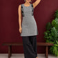 Grey Checked Cotton Kurta with Black Embroidered Fish Motif Shoulder Straps & Side Slits