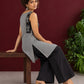 Grey Checked Cotton Kurta with Black Embroidered Fish Motif Shoulder Straps & Side Slits — view 2