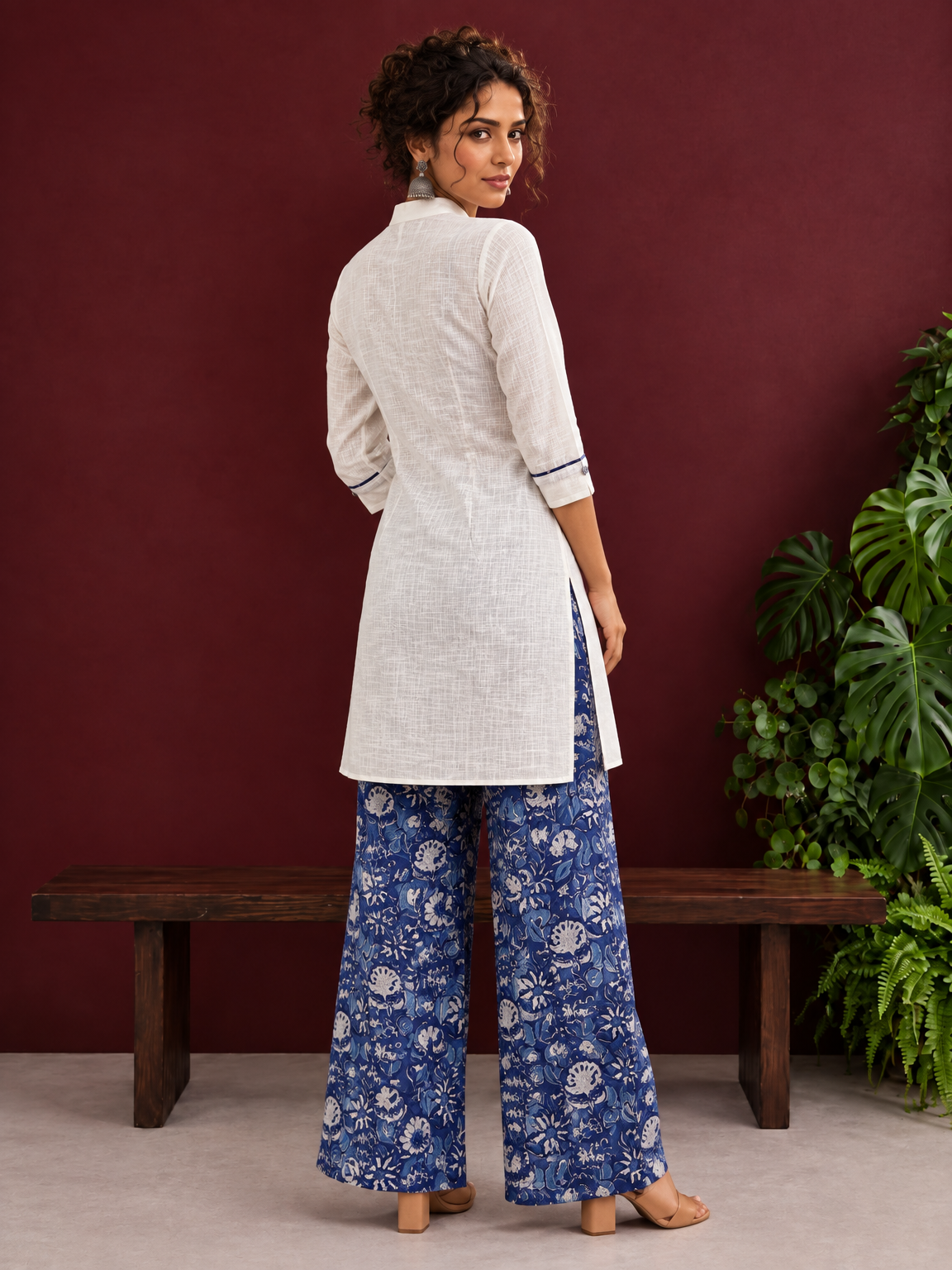Timeless Off-White Cotton Kurta with Contrast Indigo Floral Print Placket — back view