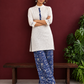 Timeless Off-White Cotton Kurta with Contrast Indigo Floral Print Placket — side view