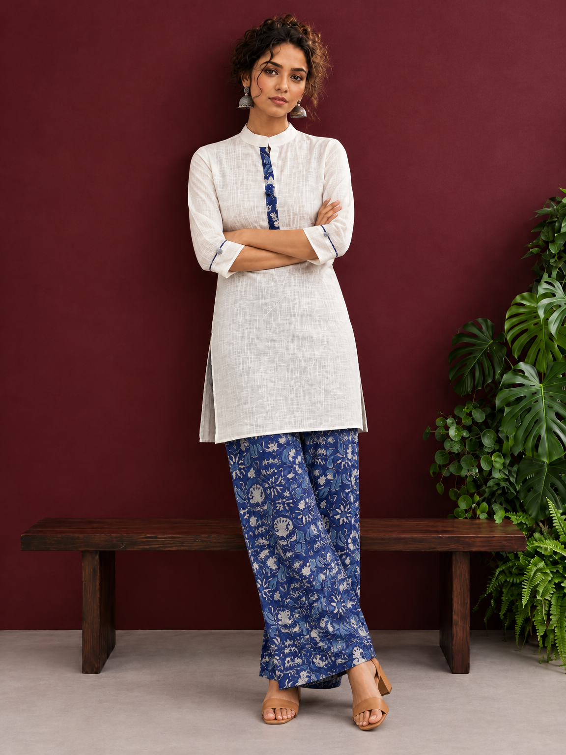 Timeless Off-White Cotton Kurta with Contrast Indigo Floral Print Placket — side view