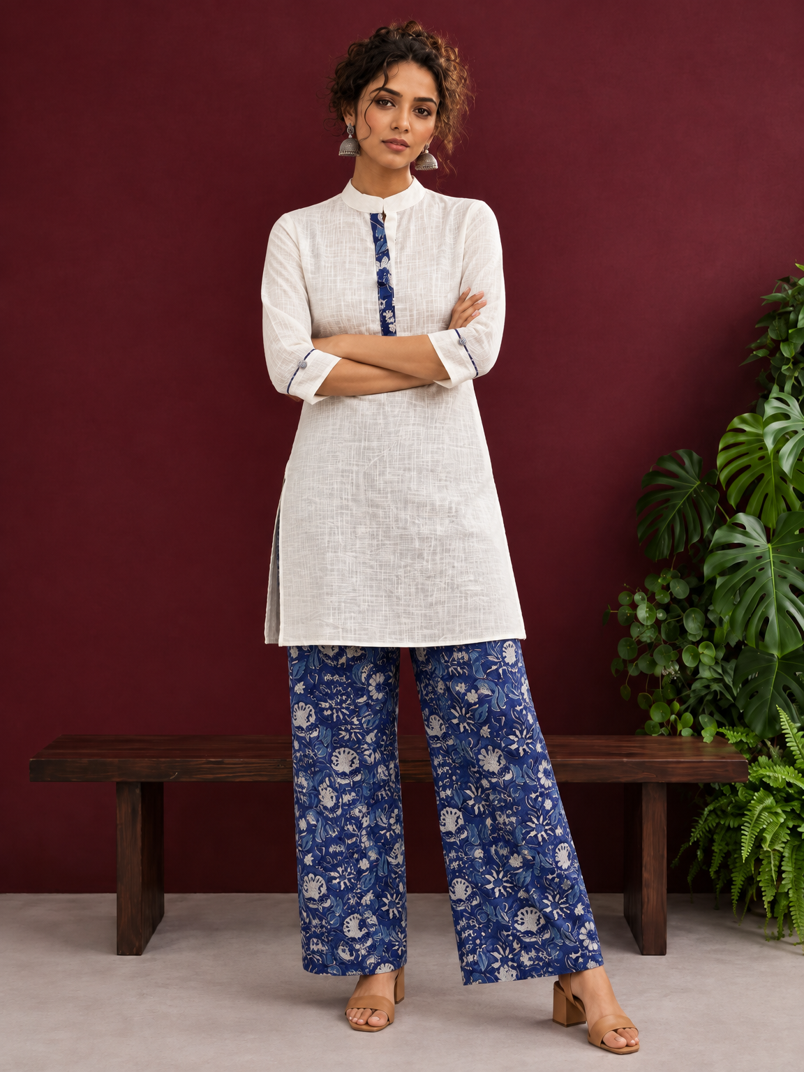Timeless Off-White Cotton Kurta with Contrast Indigo Floral Print Placket — front view