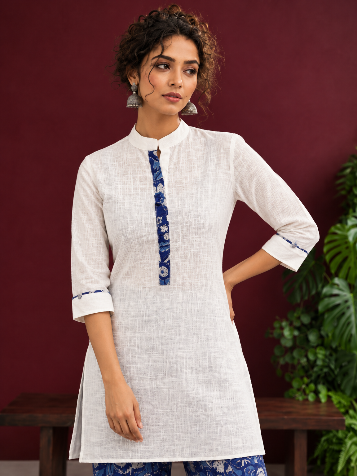 Timeless Off-White Cotton Kurta with Contrast Indigo Floral Print Placket — fabric detail