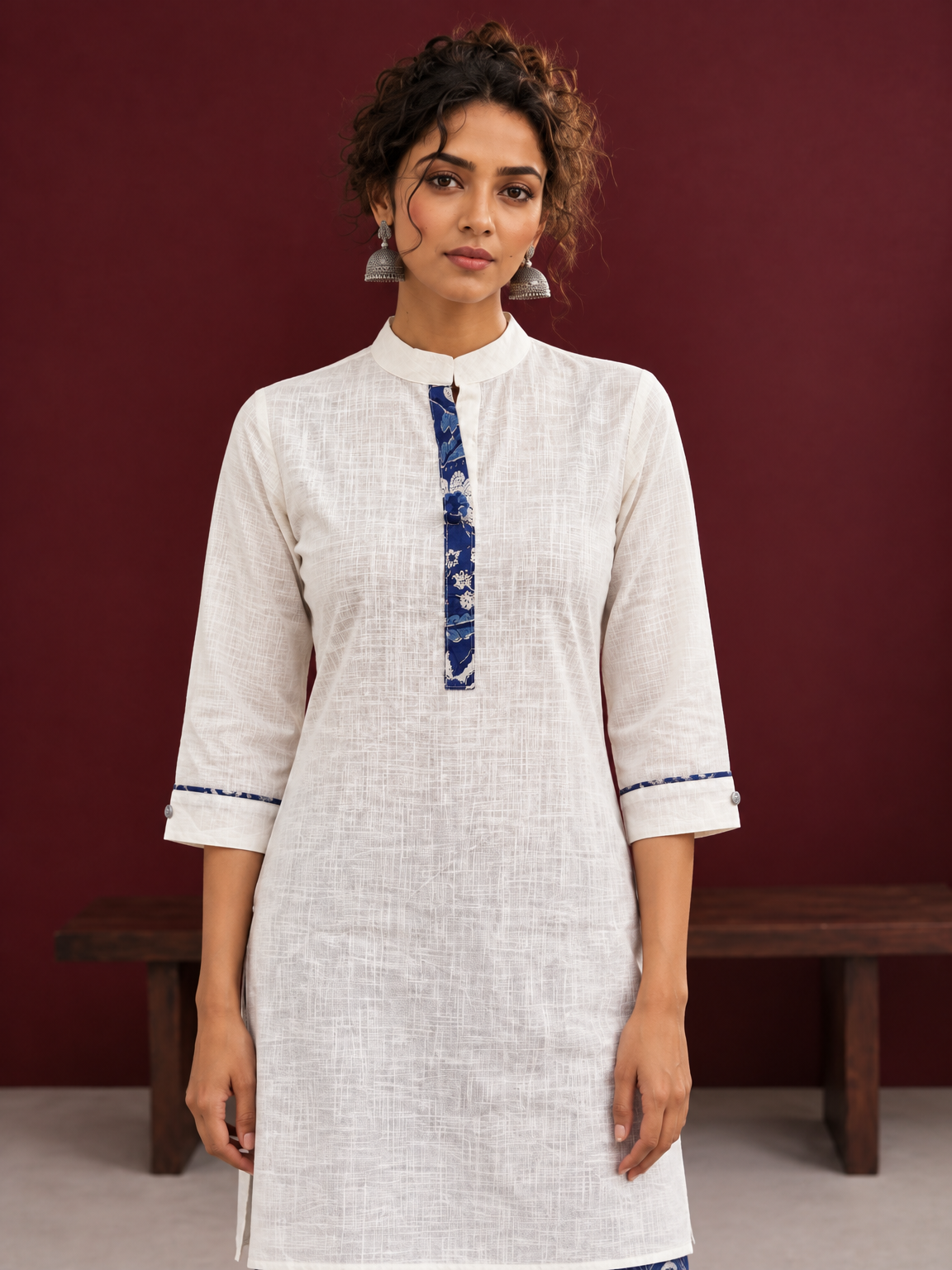 Timeless Off-White Cotton Kurta with Contrast Indigo Floral Print Placket — styled view