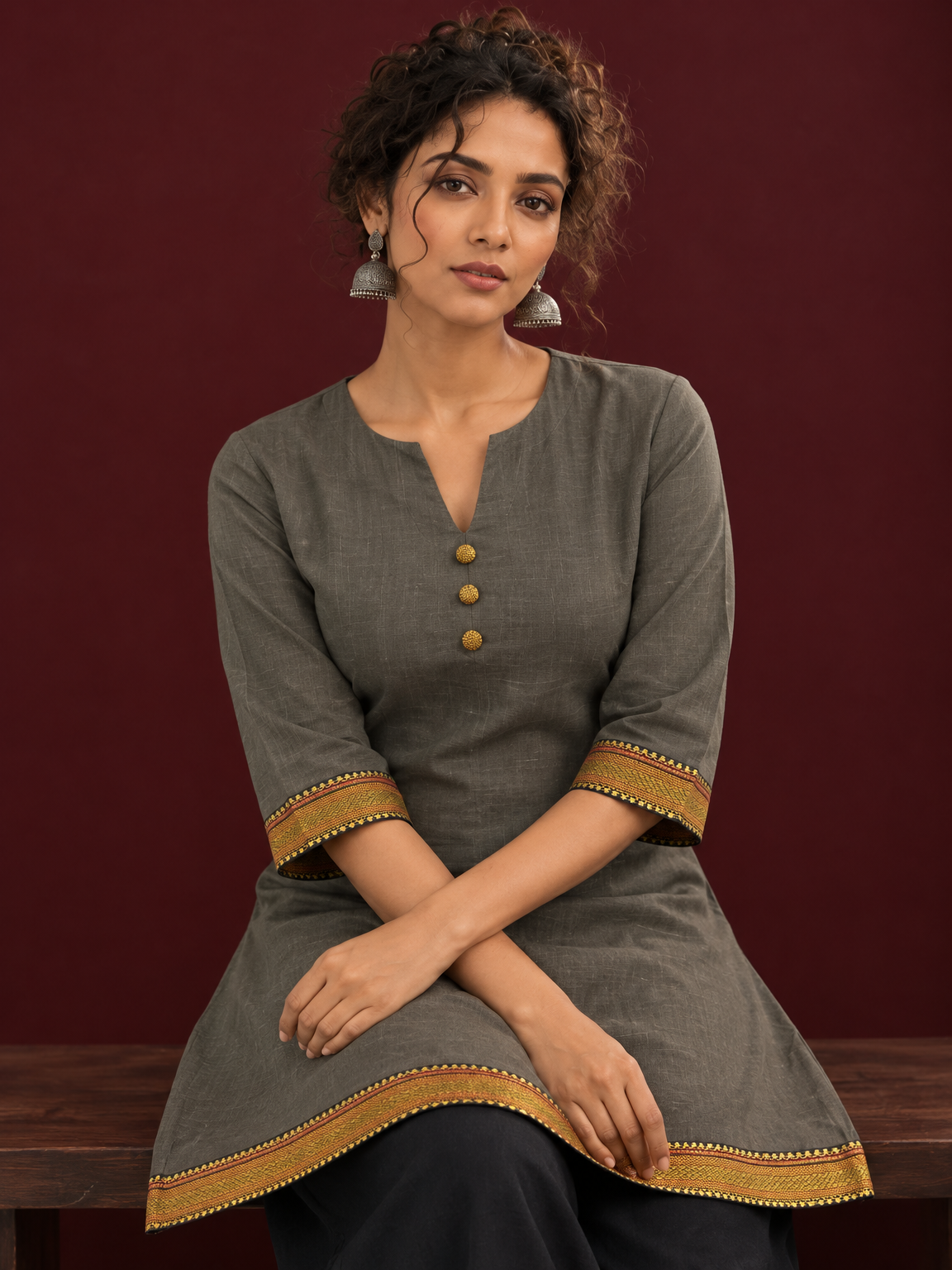 Timeless Grey Cotton Tunic — seated detail
