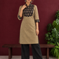 Classic Beige Cotton Kurta with Contrast Black Floral Print Yoke & Coordinated Sleeve Cuffs — front view
