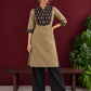 Classic Beige Cotton Kurta with Contrast Black Floral Print Yoke & Coordinated Sleeve Cuffs — side view