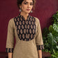 Classic Beige Cotton Kurta with Contrast Black Floral Print Yoke & Coordinated Sleeve Cuffs — fabric detail