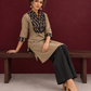 Classic Beige Cotton Kurta with Contrast Black Floral Print Yoke & Coordinated Sleeve Cuffs — seated