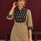 Classic Beige Cotton Kurta with Contrast Black Floral Print Yoke & Coordinated Sleeve Cuffs — styled view