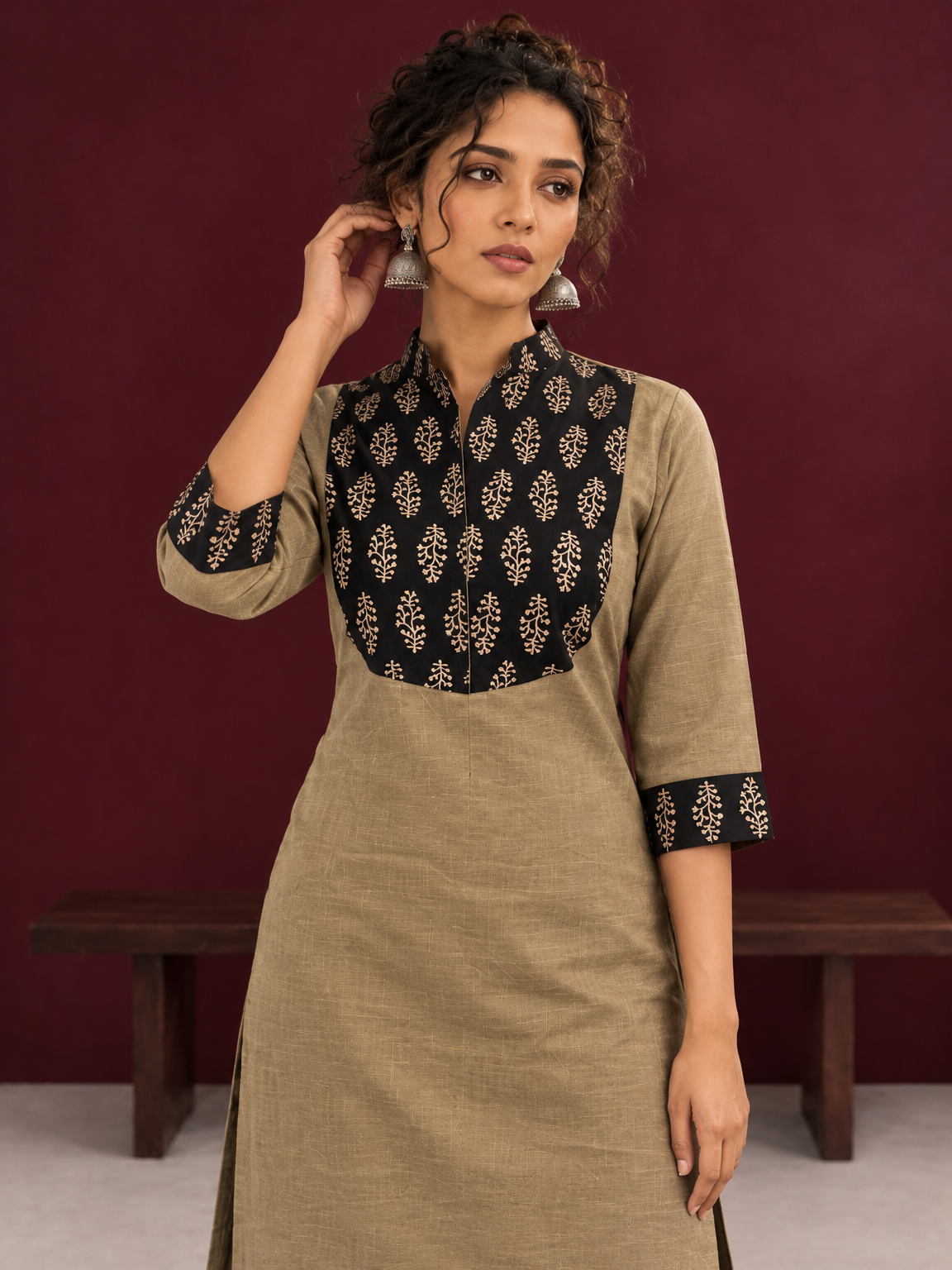 Classic Beige Cotton Kurta with Contrast Black Floral Print Yoke & Coordinated Sleeve Cuffs — styled view