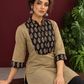 Classic Beige Cotton Kurta with Contrast Black Floral Print Yoke & Coordinated Sleeve Cuffs — seated detail