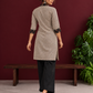 Elegant Beige Cotton Ajrakh Tunic with Contrast V-Neck & Cuff Detailing — back view